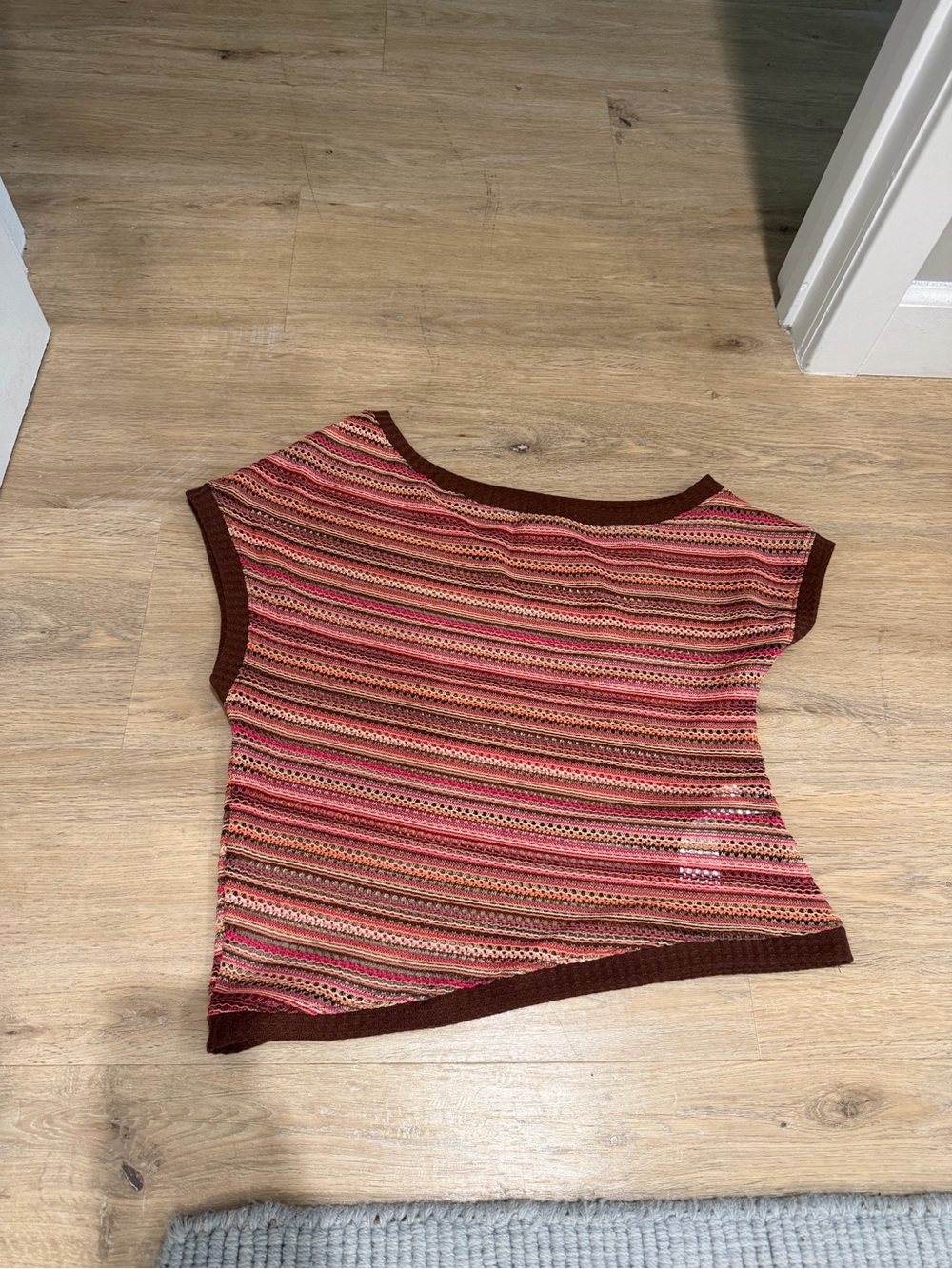 Off-the-shoulder Crochet Striped Knit Top - Pink & Brown